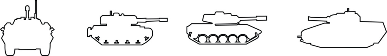 Military armored vehicle tank silhouette set collection and group in black line style featuring combat transport carrier artillery machine army defense war icon bundle © Sattar