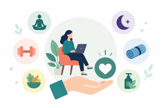 Wellness lifestyle illustration with woman working on laptop and health care icons for modern self care marketing and editorial design