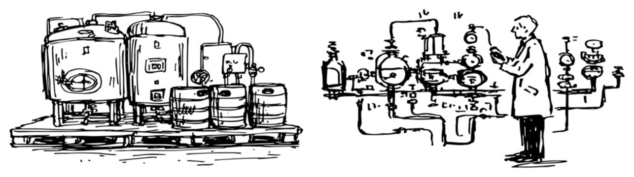 Industrial brewing equipment with fermentation tanks and operator monitoring process in hand drawn sketch style