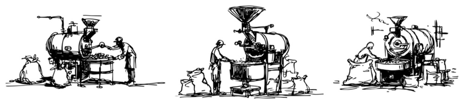 Industrial coffee bean roasting machines with workers in rough doodle sketch style