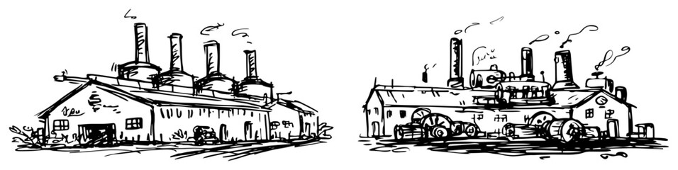 Obraz premium Industrial factory building with multiple ventilation chimneys and production facility in hand drawn sketch style