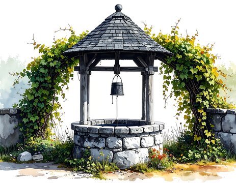 Old stone well with climbing vines and bell