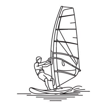 Windsurfer line art vector illustration. Representing extreme water sports, summer activities, and ocean adventure