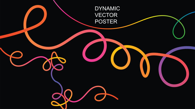 Warm gradient glowing line poster, orange and pink neon loopy wave vector on black