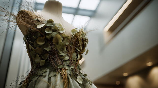 Dress made of dried leaves and organic material on mannequin. Sustainable fashion concept representing eco-friendly clothing design. Nature inspired couture for ethical apparel industry.