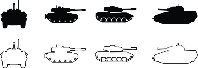 Military armored vehicle tank silhouette set collection and group in black flat and line style featuring combat transport carrier artillery machine army defense war icon bundle © Sattar