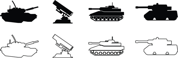 Military armored vehicle tank silhouette set collection and group in black flat and line style featuring combat transport carrier artillery machine army defense war icon bundle © Sattar