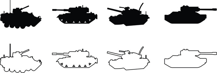 Military armored vehicle tank silhouette set collection and group in black flat and line style featuring combat transport carrier artillery machine army defense war icon bundle © Sattar