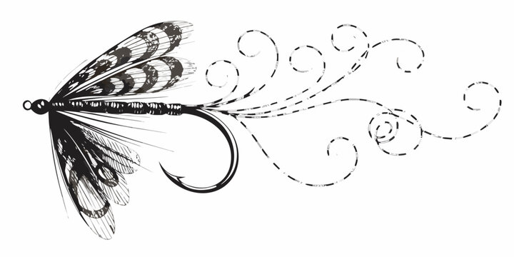 Fly fishing lure illustration artistic black and white sketch