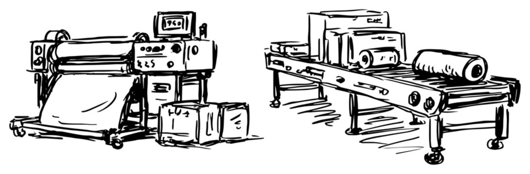 Industrial printing press machinery with material rolls and conveyor in technical hand drawn sketch style
