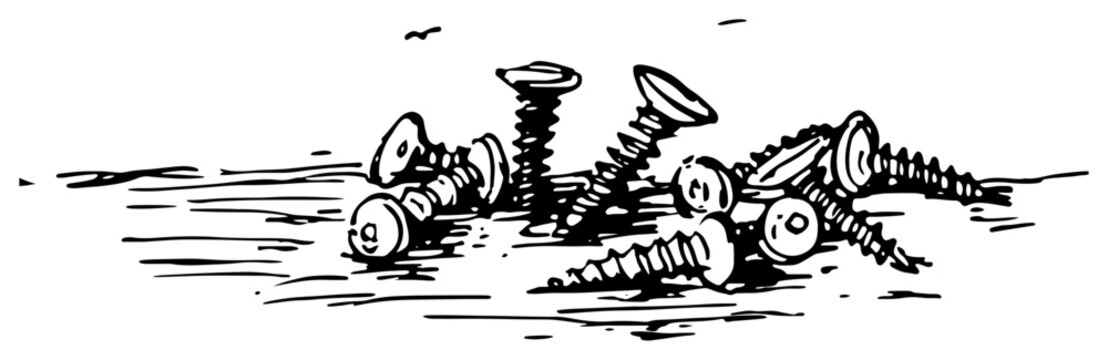Metal screws pile for construction and hardware repair in messy hand drawn sketch style