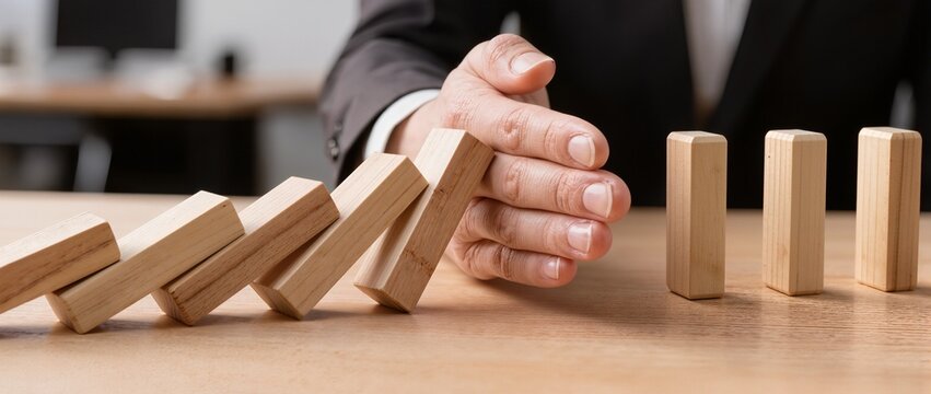 Hand stopping falling wooden blocks to prevent chain reaction on table