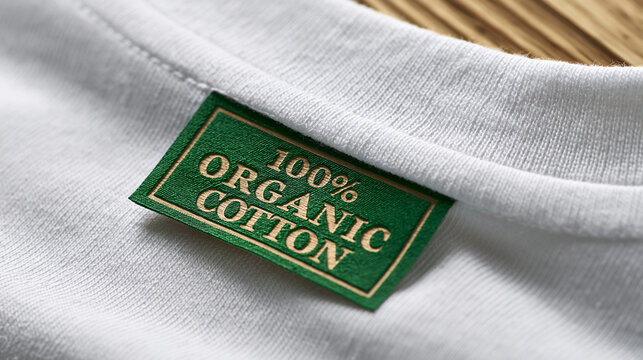 Close up of green label with 100 percent organic cotton text on white clothing. Sustainable fashion concept. Ethical textile industry, natural fabric, garment manufacture material.