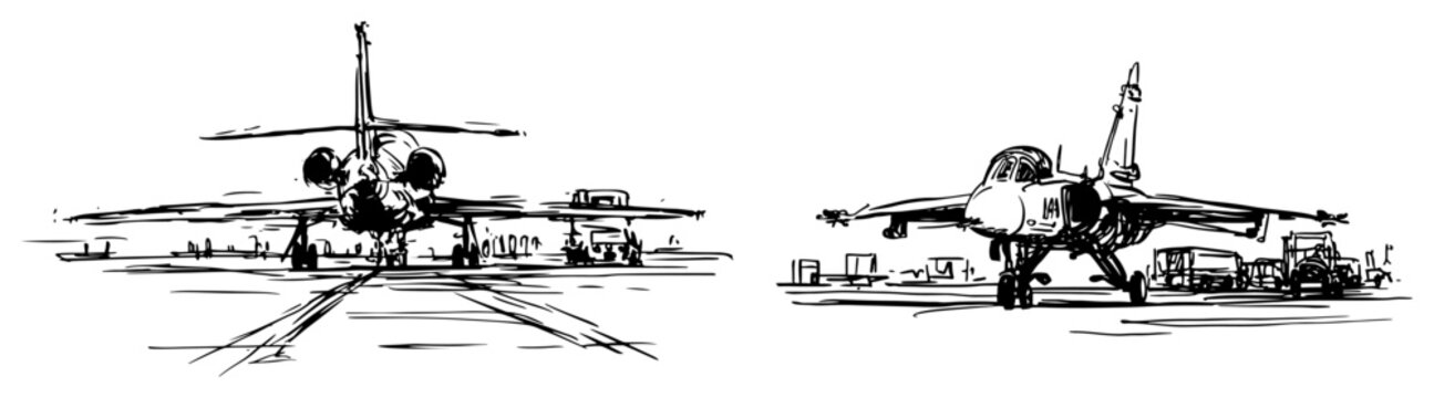 Military fighter jets parked on runway tarmac in hand drawn rough sketch style