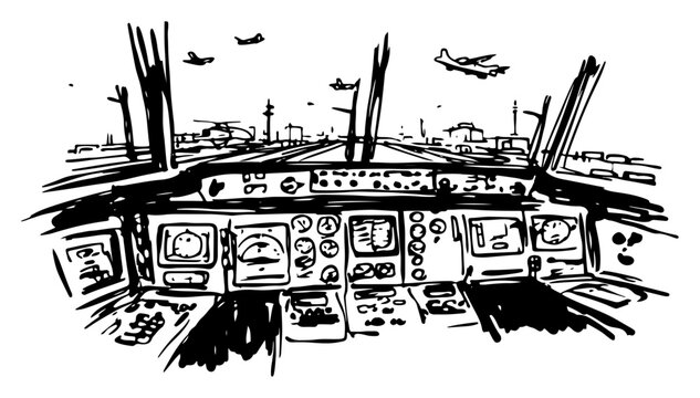Airplane cockpit dashboard with flight instruments and runway view in sketchy hand drawn style