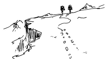 Hikers walking in snow along mountain cliff leaving footprints in hand drawn sketch style © AdrianGebert