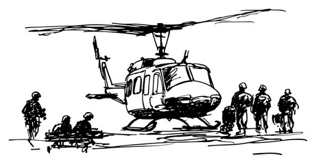Military helicopter medical evacuation with soldiers and stretcher in hand drawn sketch style © AdrianGebert