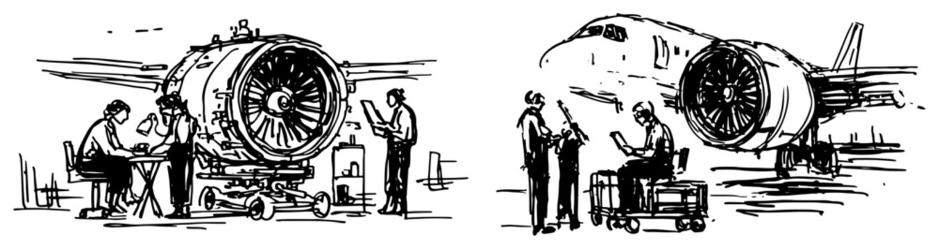 Aircraft technicians performing maintenance on jet turbine engines in hand drawn sketch style