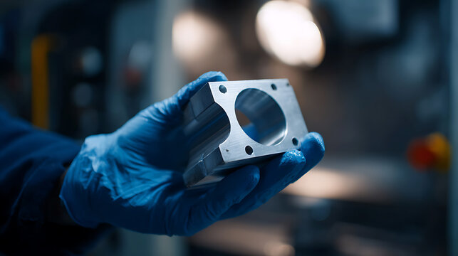 Skilled worker with blue glove holds shiny precision metal part, highlighting quality control in a modern industrial manufacturing setting