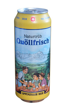 Isoliertes Appenzeller Qu&ouml;llfrisch Naturtr&uuml;b Bier aus der Schweiz, Lagerbier Bierdose produziert in der Schweiz mit freigestelltem transparentem Hintergrund, Z&uuml;rich 7.5.2026