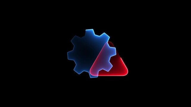 Animated neon blue glowing gear setting icon with a triangle warning notification on black background, futuristic system configuration and technical alert motion graphics.