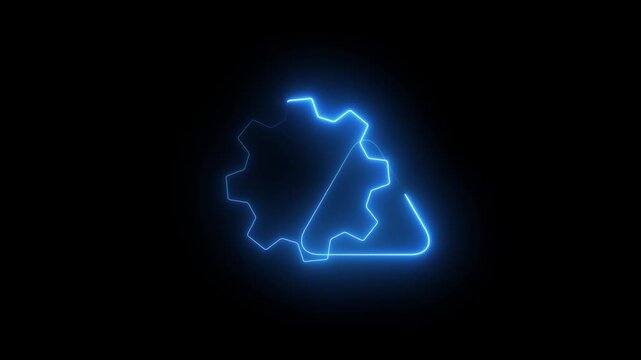 Animated neon blue glowing gear setting icon with a triangle warning notification on black background, futuristic system configuration and technical alert motion graphics.