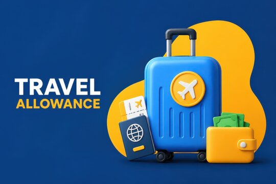 Blue suitcase with travel documents and wallet on a modern travel expense concept background
