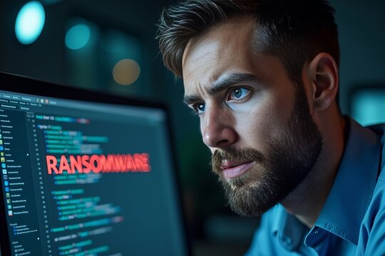 Close-Up of Concerned Businessman Facing Ransomware Cyber Attack on Computer Screen at Work