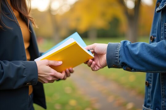 Couple swapping yellow and blue books outdoors