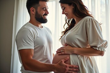 Fototapeta premium Capturing the Heartwarming Connection Between a Man and Surrogate Mother as They Share a Tender Moment
