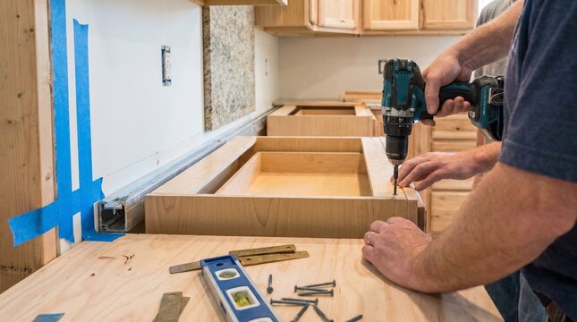 Man using drill on wooden countertop with tools and tape in kitchen renovation