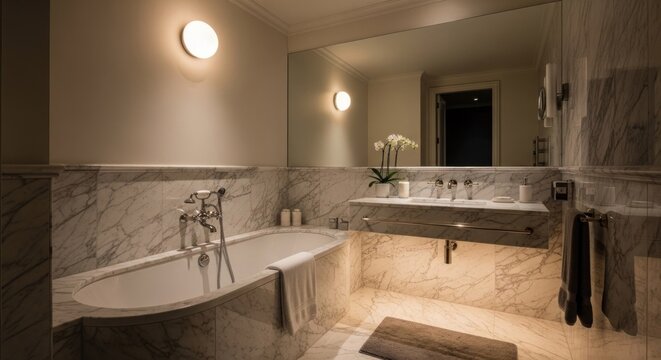 Luxurious bathroom interior features extensive white marble cladding and warm ambient lighting