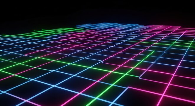Fluorescent neon grid lines stretch across a dark digital plane toward the horizon.