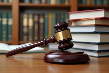 Obraz premium Symbolizing Justice: Close-up of Judge's Gavel and Files on Wooden Table