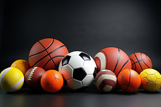 Creative Concept: A Stylish Collection of Various Sports Balls and Equipment Displayed Against a Sleek Black Background
