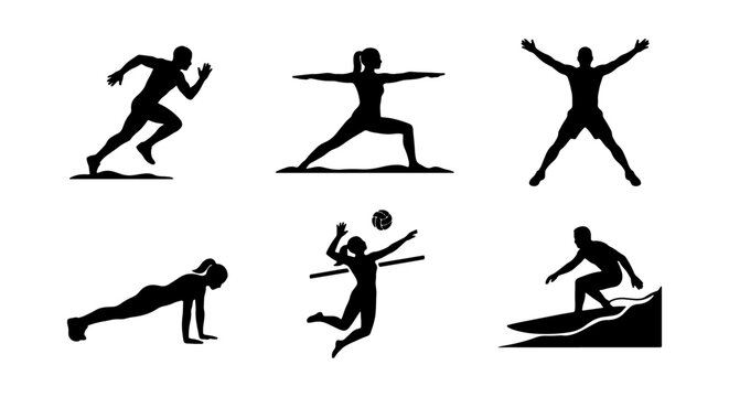 Fitness Icons Set, Sports Silhouettes Collection, Active Lifestyle Vector Graphics