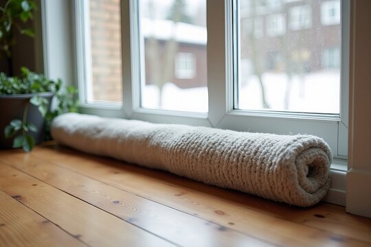 Warm and fashionable draft excluder enhancing the decor under a window to prevent cold air infiltration.