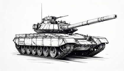 Naklejka premium Artistic sketch of a military tank viewed from the front left side drawing illustration
