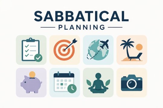 Sabbatical Planning Infographic with Travel Finance Wellness and Checklist Icons for Career Break Strategy