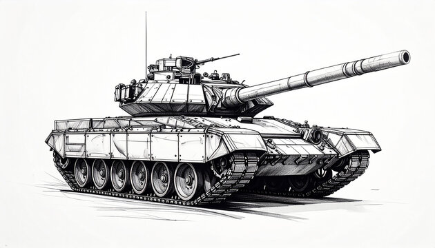 Artistic sketch of a military tank viewed from the front left side drawing illustration