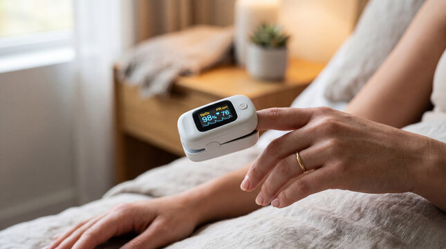 Pulse oximeter measuring blood oxygen and pulse at home in bedroom setting. Ideal for wellness tracking, respiratory care, home diagnostics, and personal health monitoring.