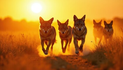 Obraz premium Group of coyotes run across golden field at sunset. Animals have wild energy and speed in nature. Dusk light creates silhouette effect on fur. They move together in pack.