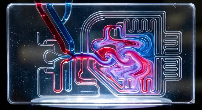 Abstract microfluidic chip with red and blue liquids mixing in precise channels under focused LED lighting