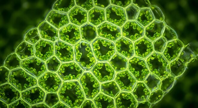 Macro view of green leaf internal cellular structure with translucent plant cells in honeycomb pattern for biology
