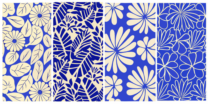 Floral pattern quartet four distinct blue and white designs