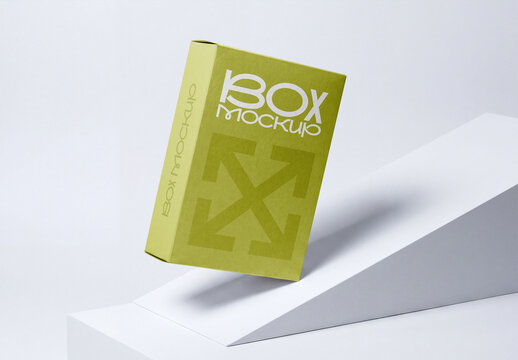 Modern Floating Green Box Mockup on White Geometric Pedestal for Product Packaging and Brand Identity Showcase