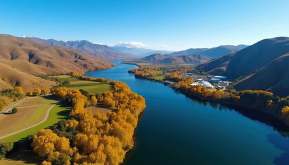 Obraz premium Aerial view over blue river in autumn valley. Yellow trees line banks near mountains. Rural landscape with green fields and remote buildings.