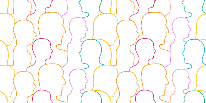 repeating pattern of human head silhouettes in vibrant colors