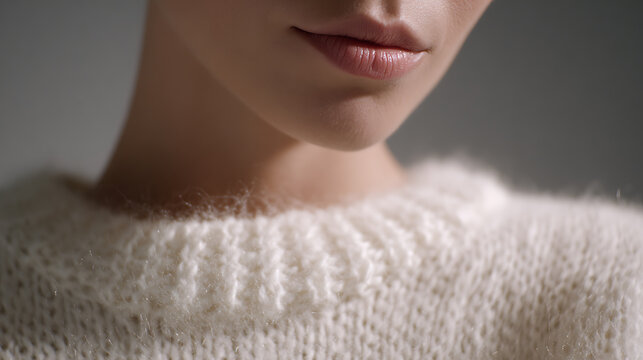 Woman's lower face and neck, featuring soft natural lips and a cozy, textured knit sweater in a close-up, warm, and inviting portrait