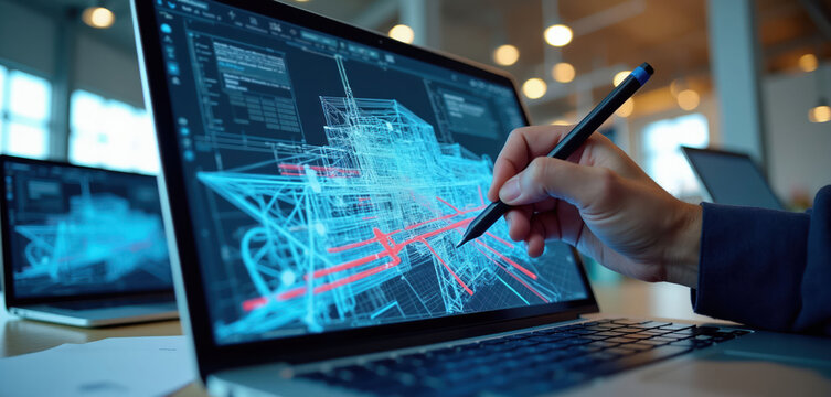 Engineer uses stylus pen on laptop screen showing 3D digital twin model. Digital blueprint design with building plans, data analysis on computer interface. Tech expert works on architectural project.